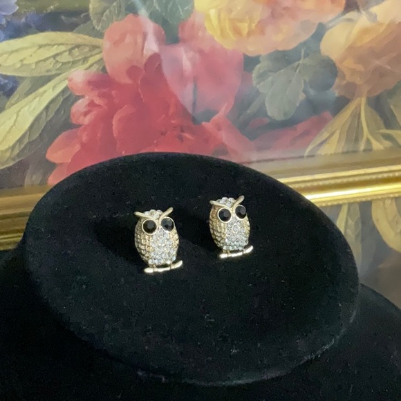 HP!! 🎉💃 Owl rhinestone and onyx earrings. Vintage. Small more like studs. - Picture 4 of 5